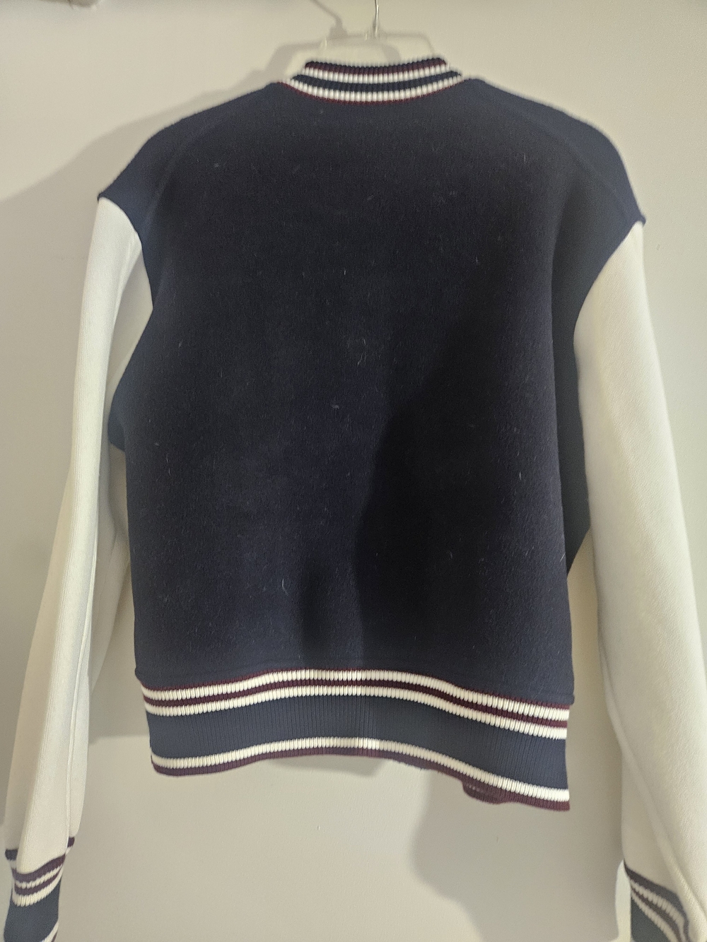Maje Navy Body with White Sleeves Mixed-Fabric Bomber Jacket - Picture 2 of 5